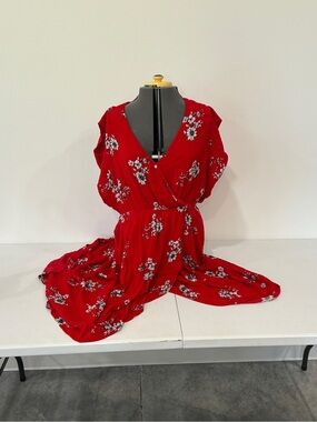 City Chic Plus Size M 18 Red Floral High Low Dress Faux Wrap Flutter Sleeve
